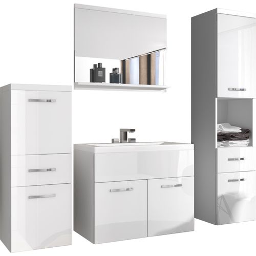 Meubles Salle De Bain Suspendus Lavabo Miroir Colonnes Blanc Mat / Blanc Brillant