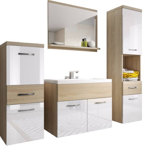 Meubles Salle De Bain Suspendus Lavabo Miroir Colonnes Chêne Sonoma Mat / Blanc Brillant