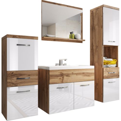 Meubles Salle De Bain Suspendus Lavabo Miroir Colonnes Chêne Wotan Mat / Blanc Brillant