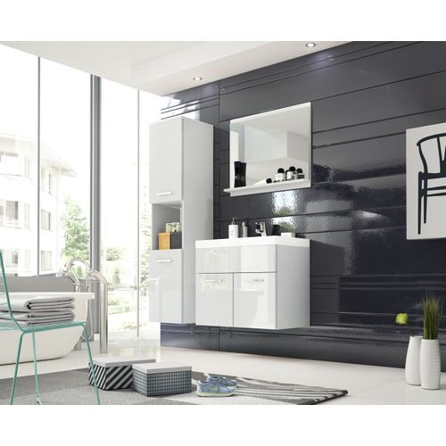 Salle De Bain Suspendue Lavabo Miroir + 2 Colonnes Blanc Mat / Blanc Brillant