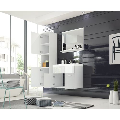 Salle De Bain Suspendue Lavabo Miroir + 2 Colonnes Blanc Mat / Blanc Brillant