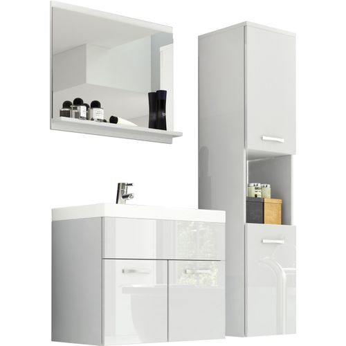 Salle De Bain Suspendue Lavabo Miroir + 2 Colonnes Blanc Mat / Blanc Brillant