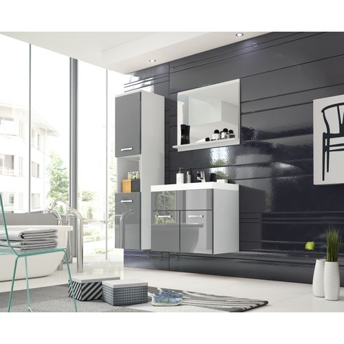 Salle De Bain Suspendue Lavabo Miroir + Colonne Blanc / Gris Brillant