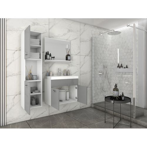 Salle De Bain Suspendue Lavabo Miroir + Colonne Blanc / Gris Brillant