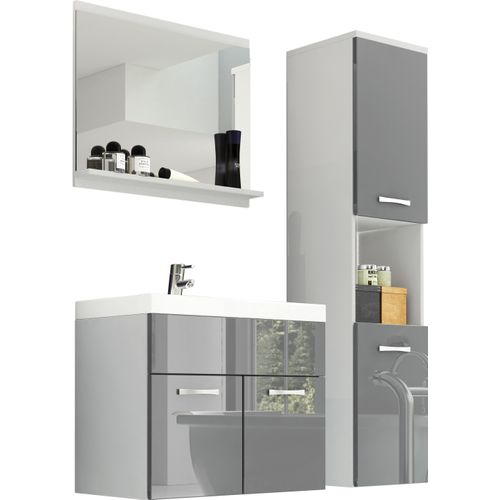 Salle De Bain Suspendue Lavabo Miroir + Colonne Blanc / Gris Brillant