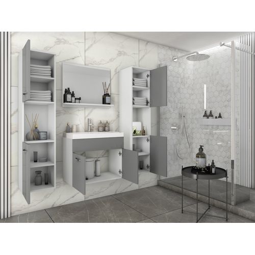 Salle De Bain Suspendue Lavabo Miroir + 2 Colonnes Blanc / Gris Brillant