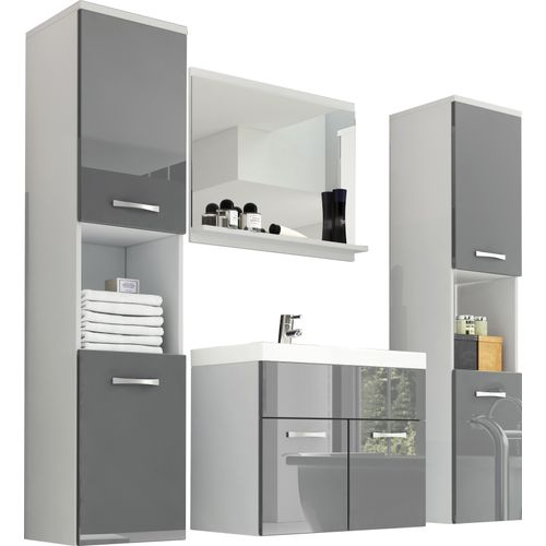 Salle De Bain Suspendue Lavabo Miroir + 2 Colonnes Blanc / Gris Brillant