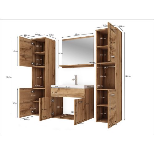 Salle De Bain Suspendue Lavabo Miroir + 2 Colonnes Blanc / Gris Brillant