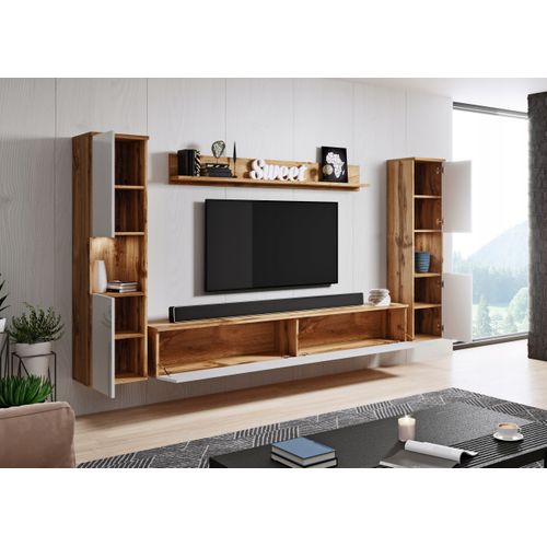 Mur TV 4 Pièces: 2 Colonnes + TV 180 Cm, Chêne Wotan / Blanc Brillant