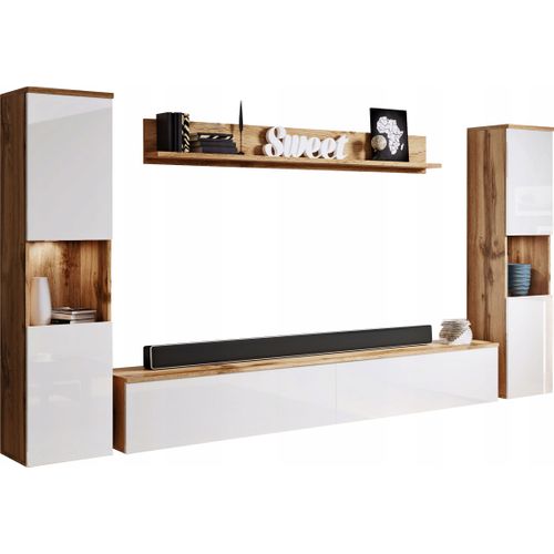 Mur TV 4 Pièces: 2 Colonnes + TV 180 Cm, Chêne Wotan / Blanc Brillant