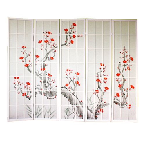 Paravent Japonais Fleur De Cerisier En Bois Blanc De 5 Pans, L220 X H175 X P2 Cm