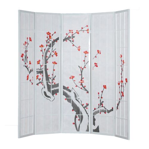 Paravent Japonais Fleur De Cerisier En Bois Blanc De 5 Pans, L220 X H175 X P2 Cm