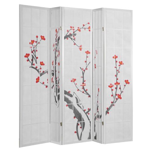 Paravent Japonais Fleur De Cerisier En Bois Blanc De 5 Pans, L220 X H175 X P2 Cm