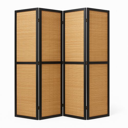 Paravent En Bois Noir Et Bambou De 4 Pans Hauteur 175 x Longueur 176 cm