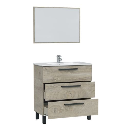 Meuble Salle De Bain Sous Vasque Avec 3 Tiroirs + 1 Miroir Coloris Alaska Chêne.