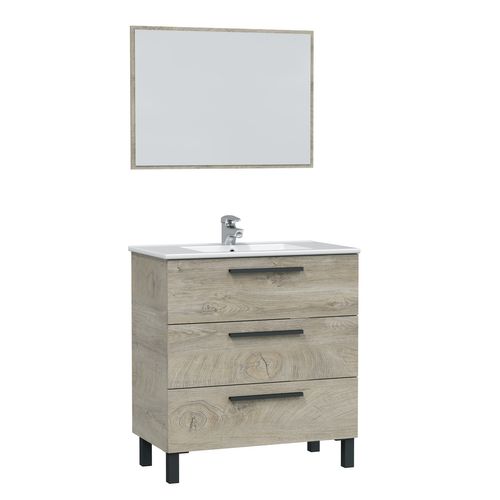 Meuble Salle De Bain Sous Vasque Avec 3 Tiroirs + 1 Miroir Coloris Alaska Chêne.