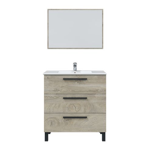 Meuble Salle De Bain Sous Vasque Avec 3 Tiroirs + 1 Miroir Coloris Alaska Chêne.