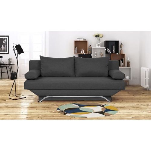 Banquette Convertible 3 Places Avec Coffre - Tissu Gris Anthracite - L187 X P 91 X H 82 Cm - Teijo