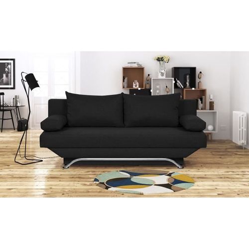 Banquette Convertible 3 Places Avec Coffre De Rangement Tissu Noir L187 X P 91 X H 82 Cm Teijo