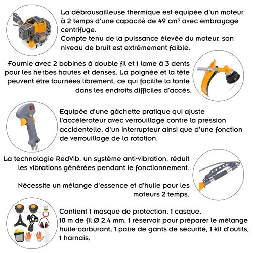 Débroussailleuse Thermique Avec Moteur 2 Temps 49 Cm³ 6 Cv Effectif + Kit D'accessoires