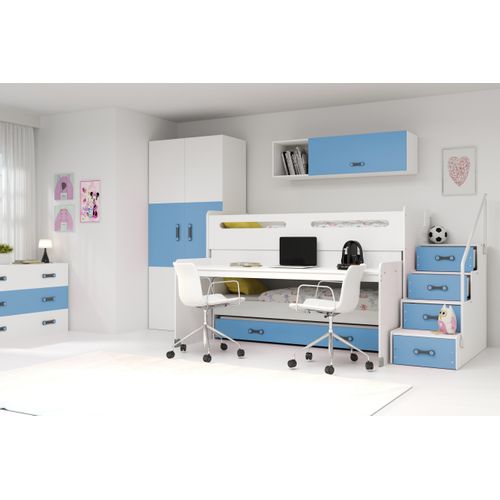 Lit Enfant Avec Bureau Max 1 Avec 3 Couchages 200x80, 190x80, 180x80 En Blanc+bleu