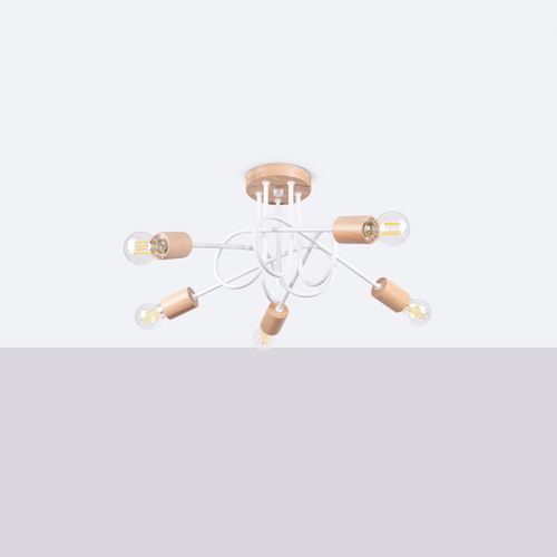 Lustre Acier Blanc/bois Naturel E27 5 Ember