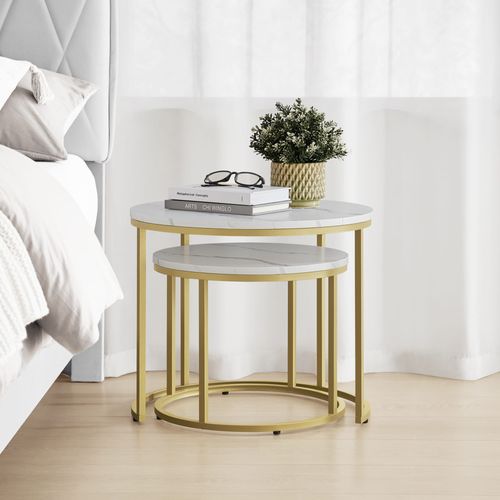 Table Ronde 2 Pièces - Marbre/pieds Dorés - 61x11x61