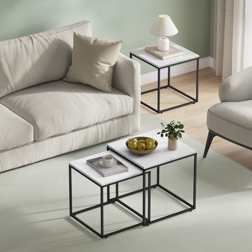 Table Carrée 2 Pièces - Marbre / Pieds Noirs - 58x11x58