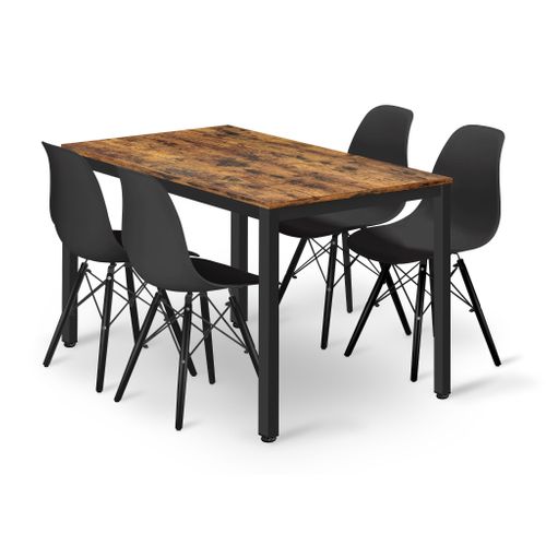 Ensemble Table Rectangulaire Tessa 120x60 Rustique + 4 Chaises Osaka Noires - 120x60x75
