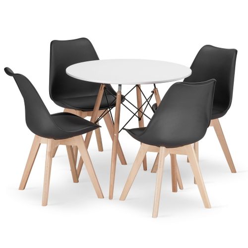 Ensemble Table Ronde Todi 80cm Blanc + 4 Chaises Mark Noires - 80x80x75