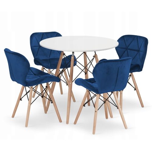 Ensemble Table Ronde Todi 80cm Blanc + 4 Chaises Lago Bleu Marine - 80x80x75