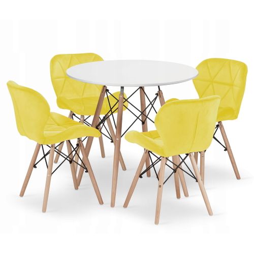 Ensemble Table Ronde Todi 80 Blanche + 4 Chaises Lago Jaunes - 80x80x75