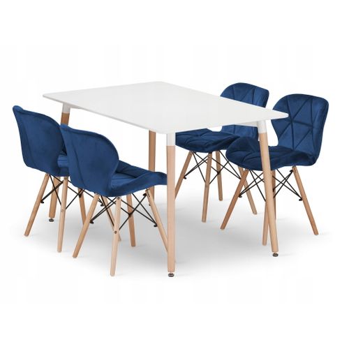 Ensemble Table Rectangulaire Adria 120x80 Blanche + 4 Chaises Lago Bleu Marine