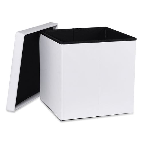 Pouf Pliable L Avec Boutons - 38x38x38cm Simili Cuir Blanc 38x6x38