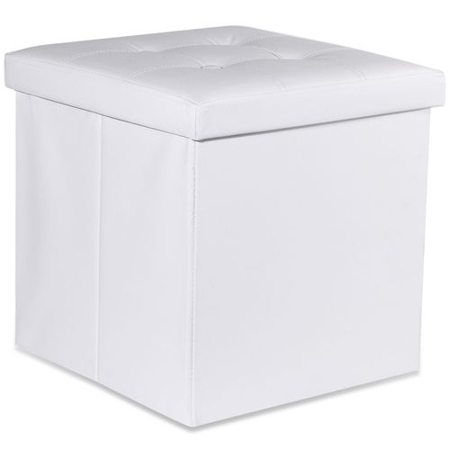 Pouf Pliable L Avec Boutons - 38x38x38cm Simili Cuir Blanc 38x6x38