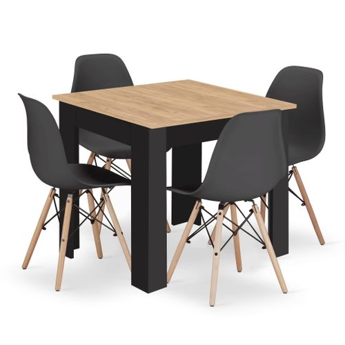 Table Np 80x80 Artisan, Pieds Noirs + 4 Chaises Osaka Noires, Pieds Naturels