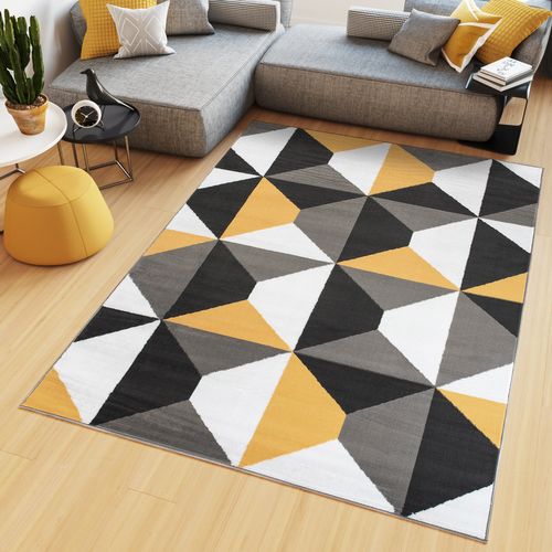 Tapis Salon Rectangle Jaune Gris Blanc Géométrique Fin Maya 160x230