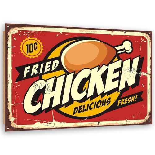 Tableau Bois Retro - Poulet Rôti 120 X 80 Cm Rouge