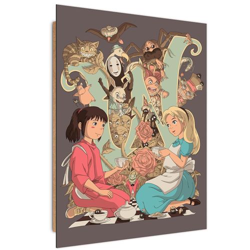 Tableau Bois Alice Au Pays Des Merveilles Et Voyage De Chihiro 40 X 60 Cm Beige