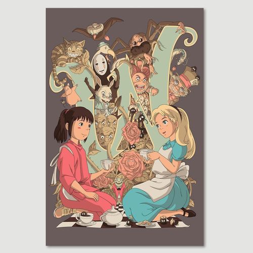 Tableau Bois Alice Au Pays Des Merveilles Et Voyage De Chihiro 70 X 100 Cm Beige