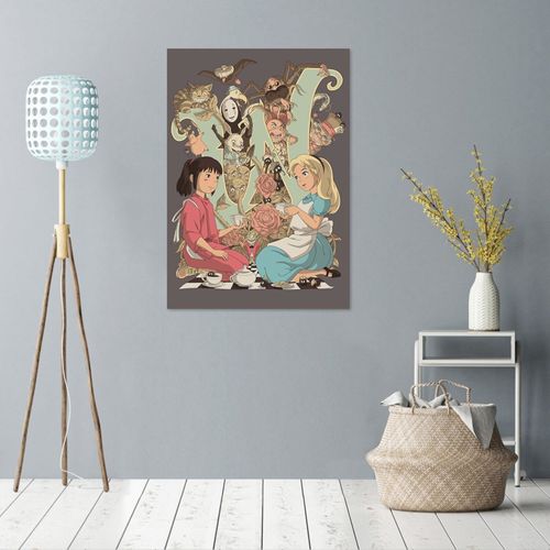 Tableau Bois Alice Au Pays Des Merveilles Et Voyage De Chihiro 70 X 100 Cm Beige
