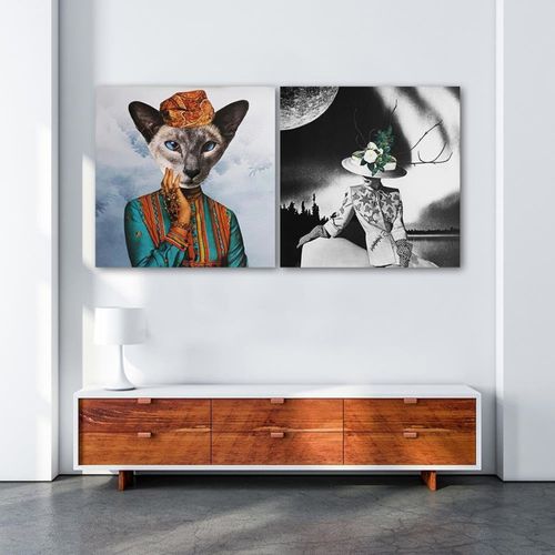 Tableau Femme à Tête De Chat 60 X 60 Cm Bleu