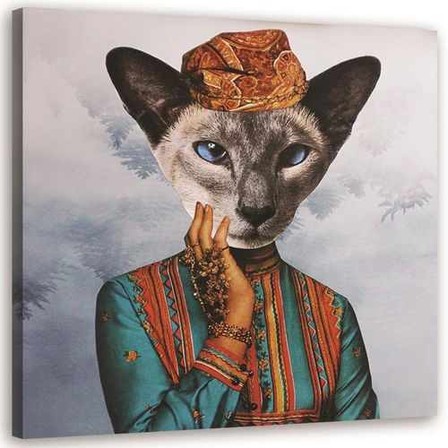Tableau Femme à Tête De Chat 80 X 80 Cm Bleu