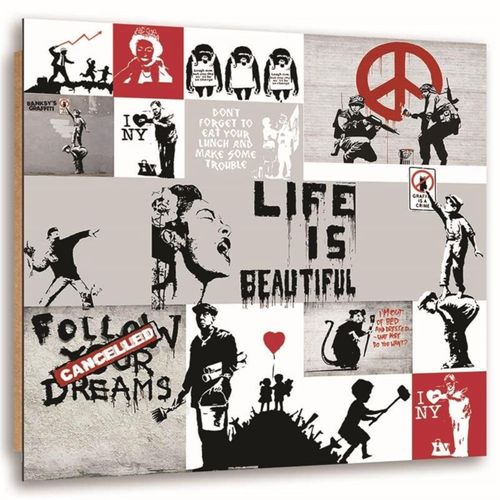 Tableau Bois Résumé Du Travail De Banksy Street Art 40 X 40 Cm Blanc