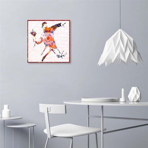 Tableau Hooligan Avec Un Bouquet à La Main Banksy Murale 80 X 80 Cm Blanc