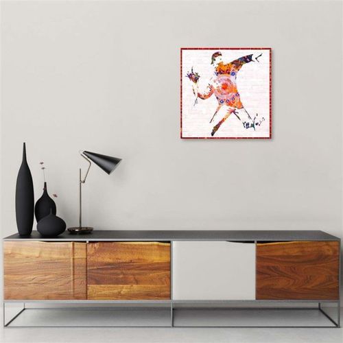 Tableau Hooligan Avec Un Bouquet à La Main Banksy Murale 80 X 80 Cm Blanc