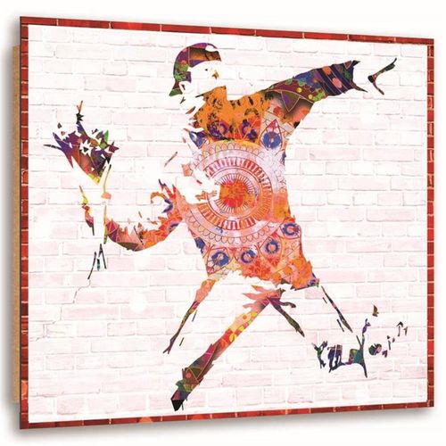 Tableau Bois Banksy Militant Street Art Avec Un Bouquet De Fleurs 50 X 50 Cm Orange