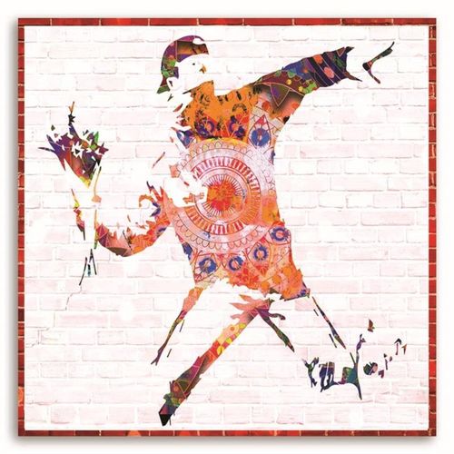 Tableau Bois Banksy Militant Street Art Avec Un Bouquet De Fleurs 90 X 90 Cm Orange