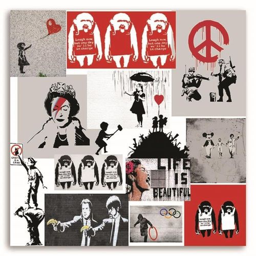 Tableau Bois Street Art Collection D'œuvres De Banksy 50 X 50 Cm Blanc