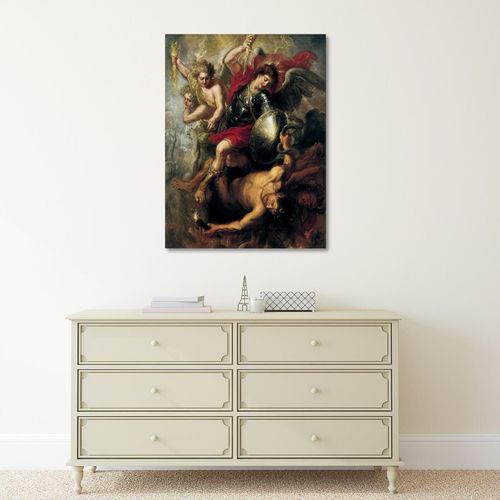 Tableau Bois L'archange Michael Précipita Lucifer Et Les Anges Rebelles 40 X 60 Cm Rouge